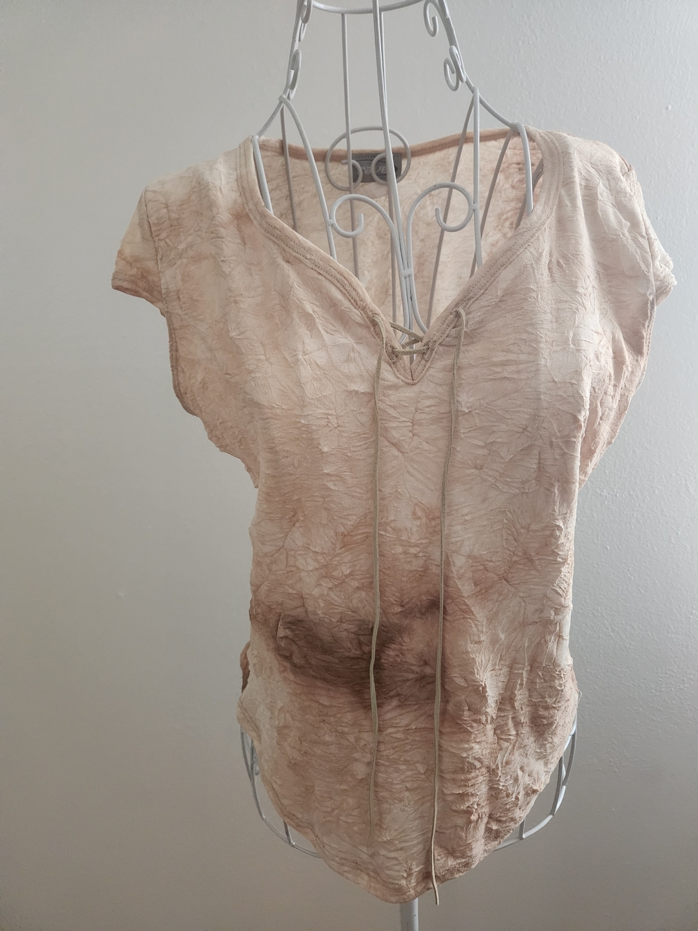 Vintage Y2K Rave Beige Crinkle Tie Dye Lace Up Fairycore Top